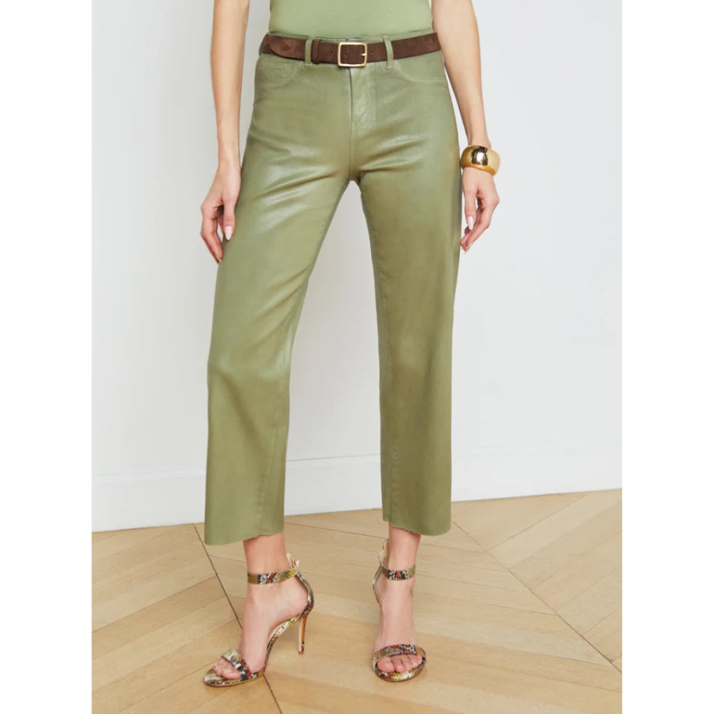 L'agence Coated Wanda High Rise Crop Wide Leg Jeans Oil Green Nwt Size 25